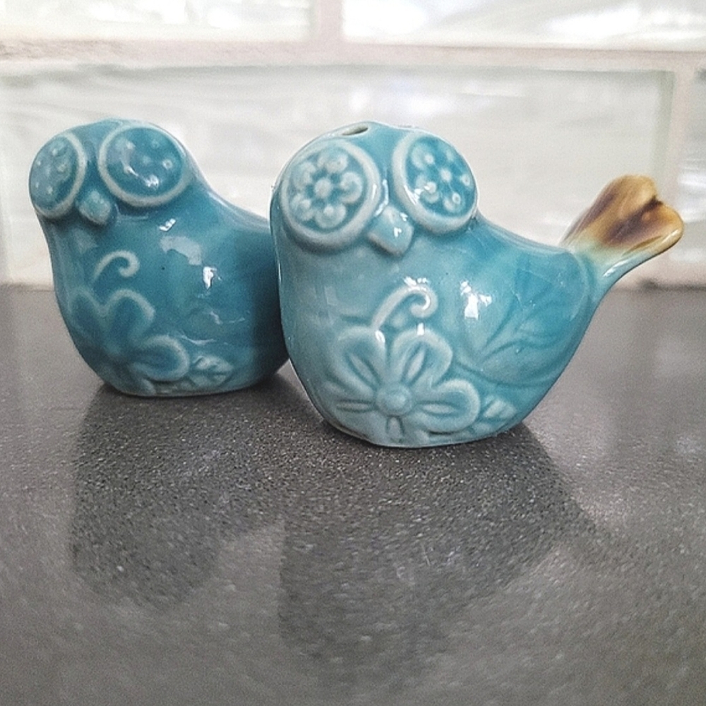Source Unknown Teal Color Salt & Pepper Floral Bird Shakers
